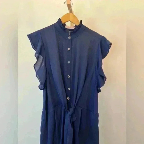 Women’s Navy Frill Short-Sleeved Button-Up Romper - Picture 6 of 9